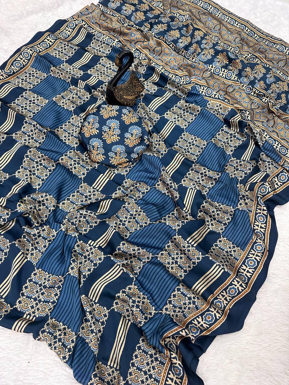 Winsome Blue Ajrakh Printed Gajji Soft Silk Saree With Flameboyant Blouse Piece