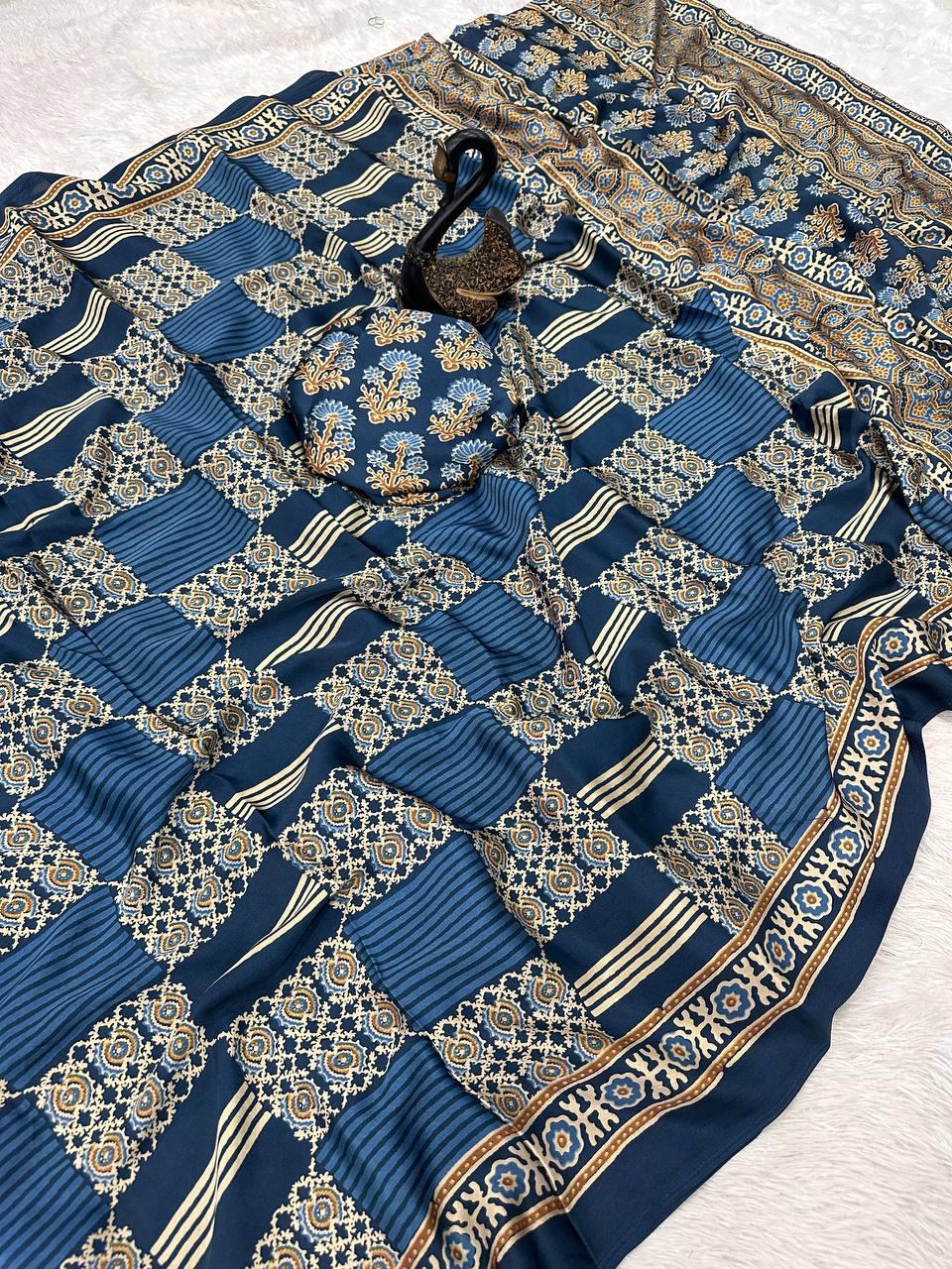 Winsome Blue Ajrakh Printed Gajji Soft Silk Saree With Flameboyant Blouse Piece