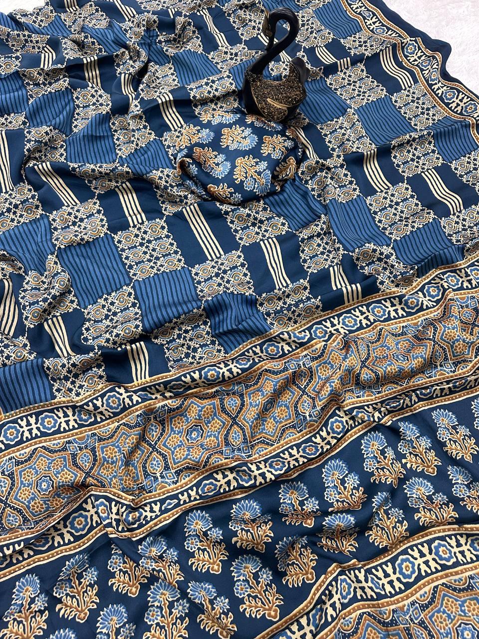 Winsome Blue Ajrakh Printed Gajji Soft Silk Saree With Flameboyant Blouse Piece