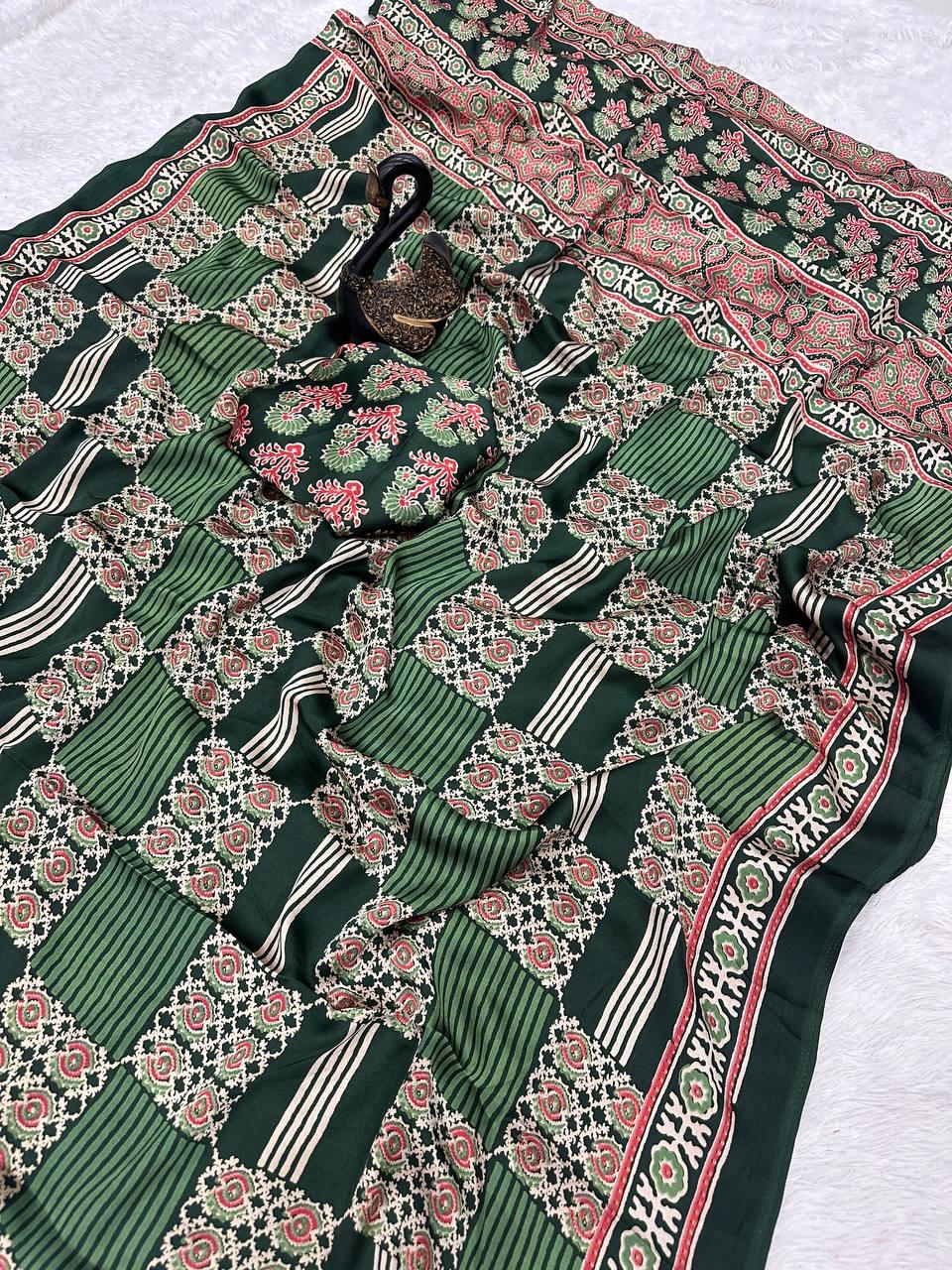 Engaging Dark Green Ajrakh Printed Gajji Soft Silk Saree With Glorious Blouse Piece