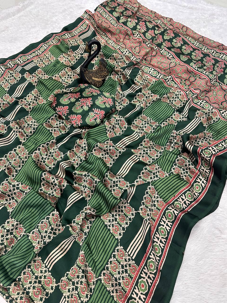 Engaging Dark Green Ajrakh Printed Gajji Soft Silk Saree With Glorious Blouse Piece