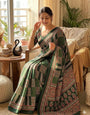 Felicitous Green Ajrakh Printed Dola Silk Saree With Enticing Blouse Piece