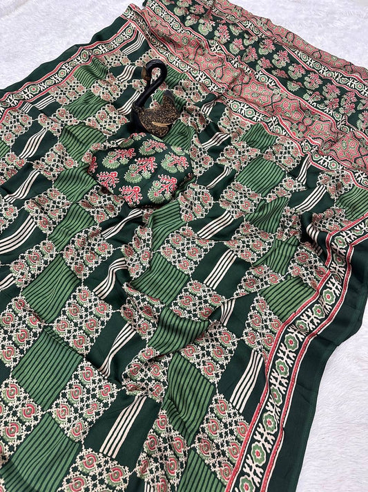 Felicitous Green Ajrakh Printed Dola Silk Saree With Enticing Blouse Piece