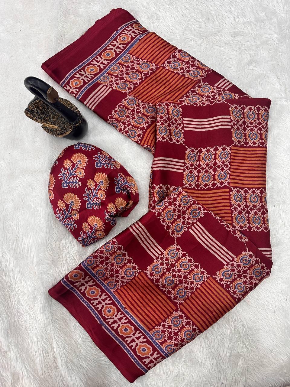 Desirable Maroon Ajrakh Printed Gajji Soft Silk Saree With Classic Blouse Piece