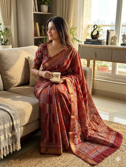Ailurophile Maroon Ajrakh Printed Dola Silk Saree With Splendorous Blouse Piece