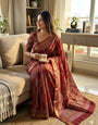 Ailurophile Maroon Ajrakh Printed Dola Silk Saree With Splendorous Blouse Piece