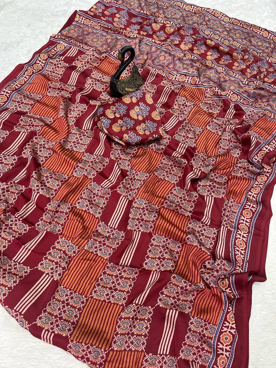 Desirable Maroon Ajrakh Printed Gajji Soft Silk Saree With Classic Blouse Piece