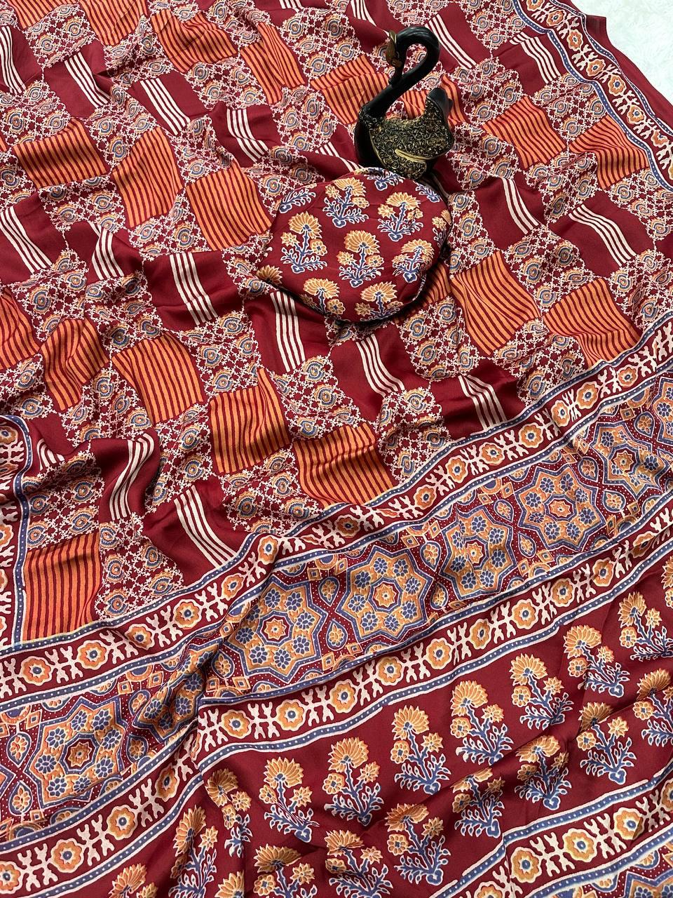 Desirable Maroon Ajrakh Printed Gajji Soft Silk Saree With Classic Blouse Piece