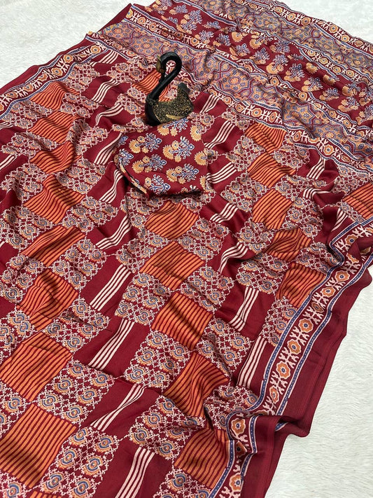Ailurophile Maroon Ajrakh Printed Dola Silk Saree With Splendorous Blouse Piece
