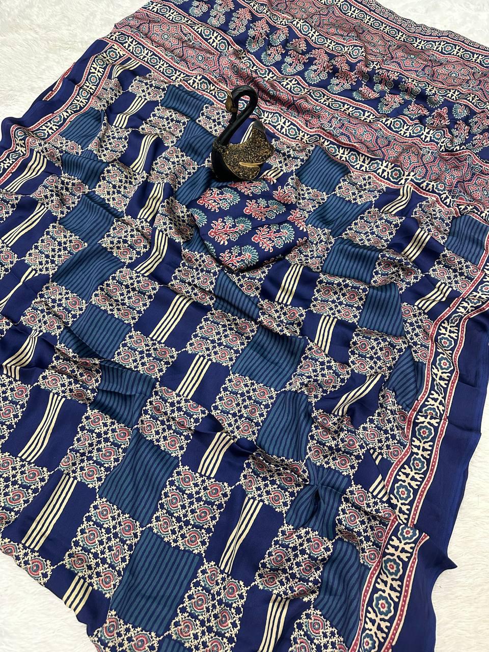 Jazzy Navy Blue Ajrakh Printed Gajji Soft Silk Saree With Invaluable Blouse Piece