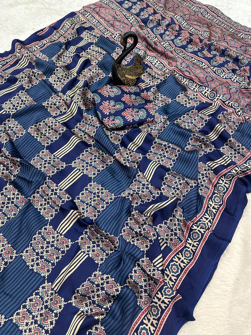 Jazzy Navy Blue Ajrakh Printed Gajji Soft Silk Saree With Invaluable Blouse Piece