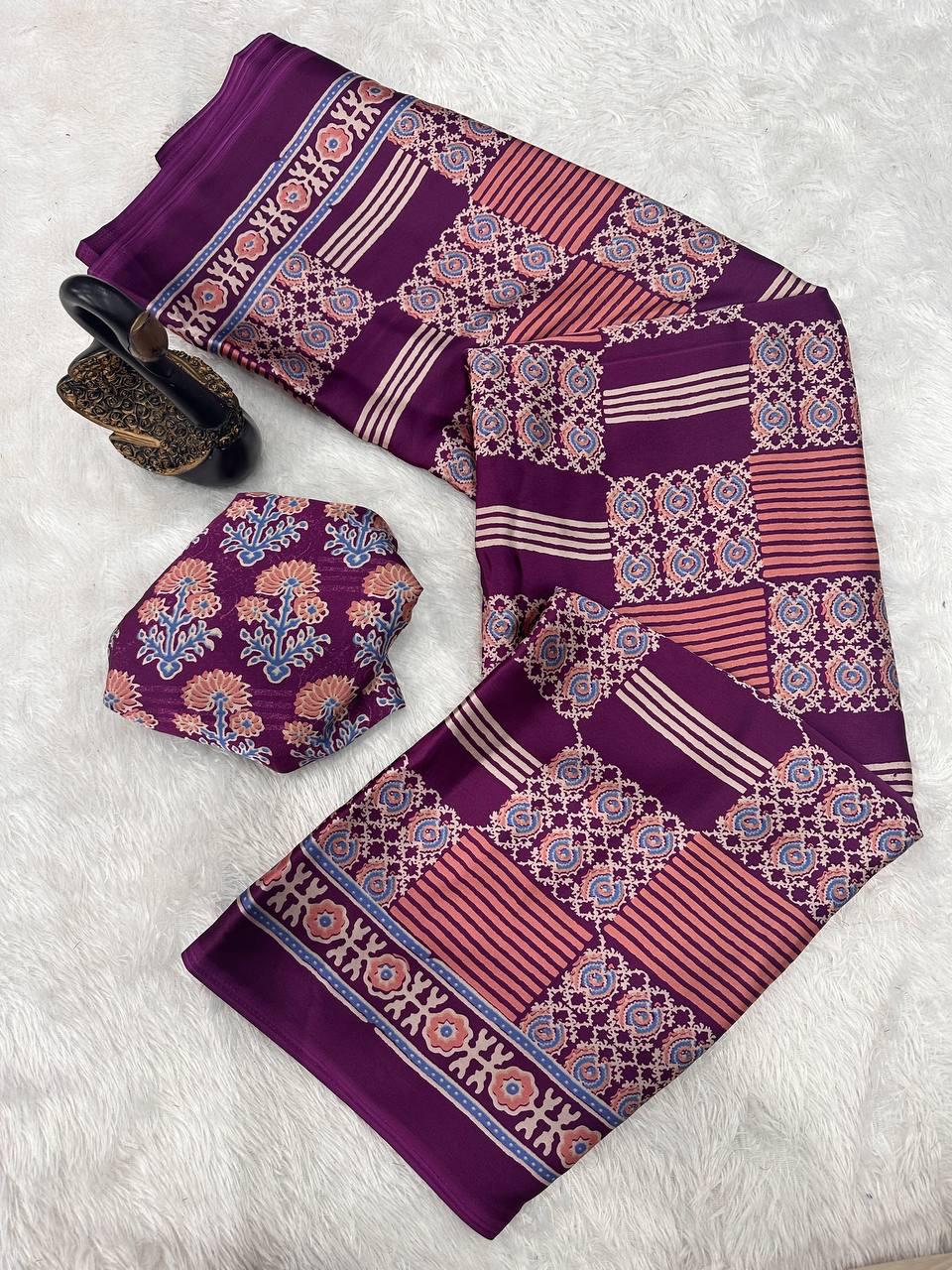 Ethereal Purple Ajrakh Printed Gajji Soft Silk Saree With Elision Blouse Piece