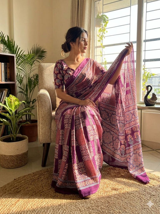 Panoply Purple Ajrakh Printed Dola Silk Saree With Twirling Blouse Piece