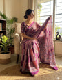 Panoply Purple Ajrakh Printed Dola Silk Saree With Twirling Blouse Piece