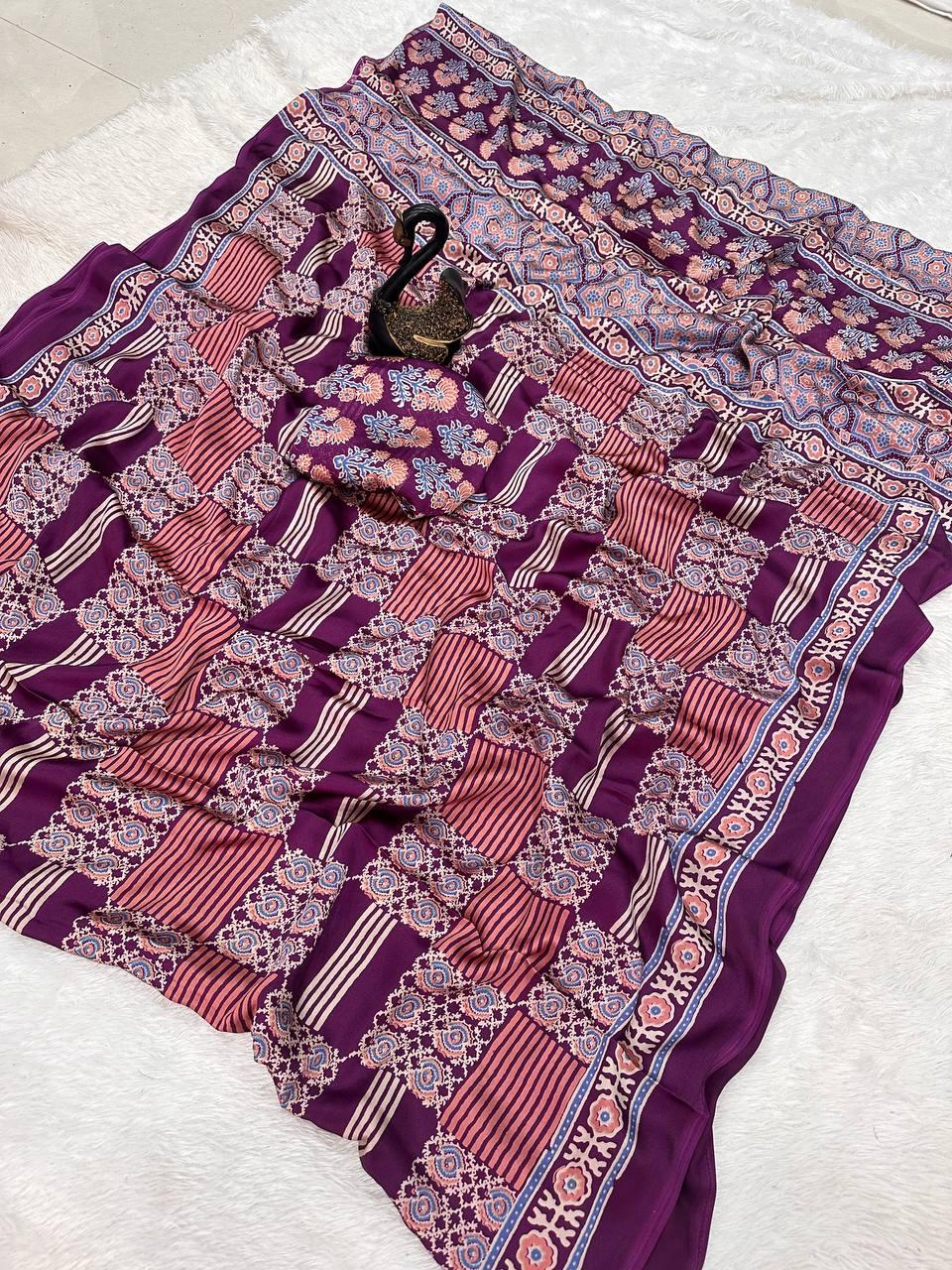 Ethereal Purple Ajrakh Printed Gajji Soft Silk Saree With Elision Blouse Piece