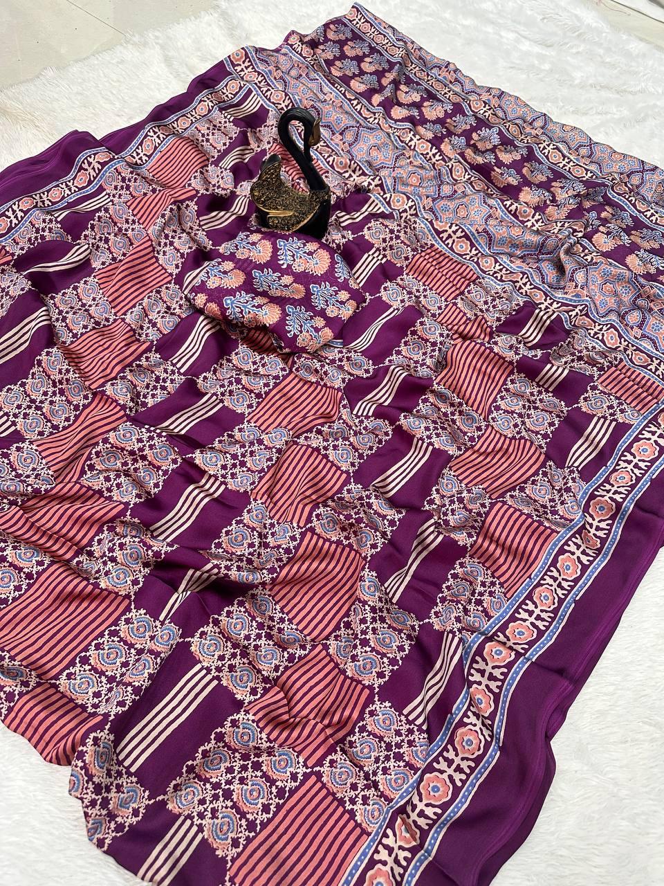 Ethereal Purple Ajrakh Printed Gajji Soft Silk Saree With Elision Blouse Piece