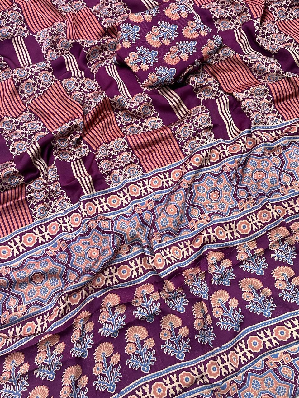 Ethereal Purple Ajrakh Printed Gajji Soft Silk Saree With Elision Blouse Piece