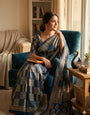 Charismatic Rama Ajrakh Printed Dola Silk Saree With Confounding Blouse Piece