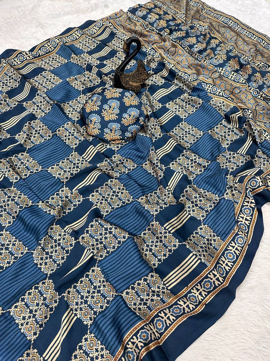 Charismatic Rama Ajrakh Printed Dola Silk Saree With Confounding Blouse Piece