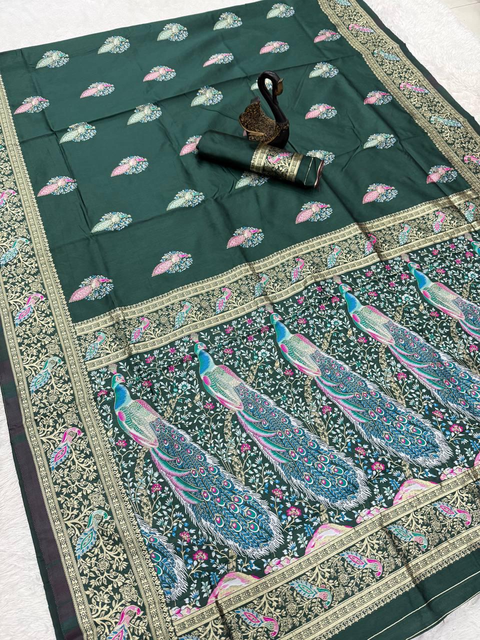 Luxuriant Dark Green Blue Soft Banarasi Silk Saree With Dissemble Blouse Piece