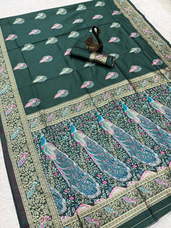 Luxuriant Dark Green Blue Soft Banarasi Silk Saree With Dissemble Blouse Piece