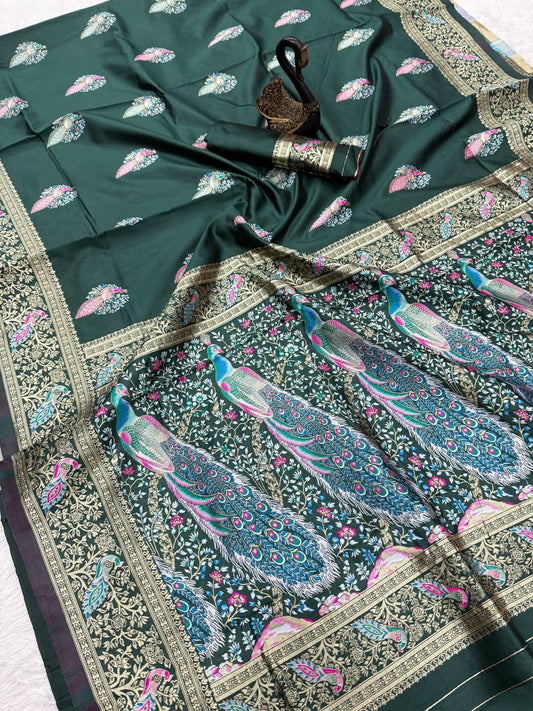 Luxuriant Dark Green Blue Soft Banarasi Silk Saree With Dissemble Blouse Piece