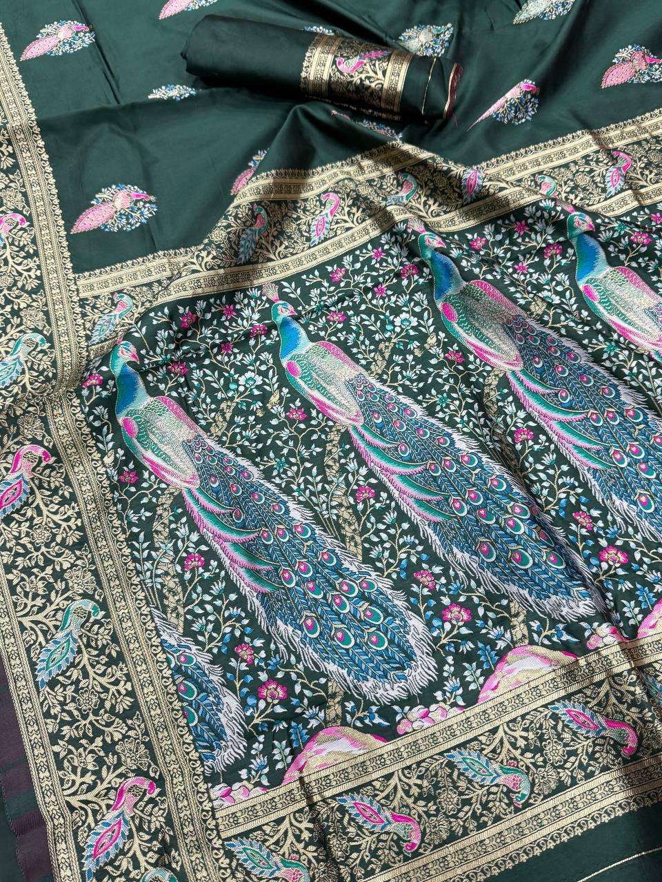 Luxuriant Dark Green Blue Soft Banarasi Silk Saree With Dissemble Blouse Piece