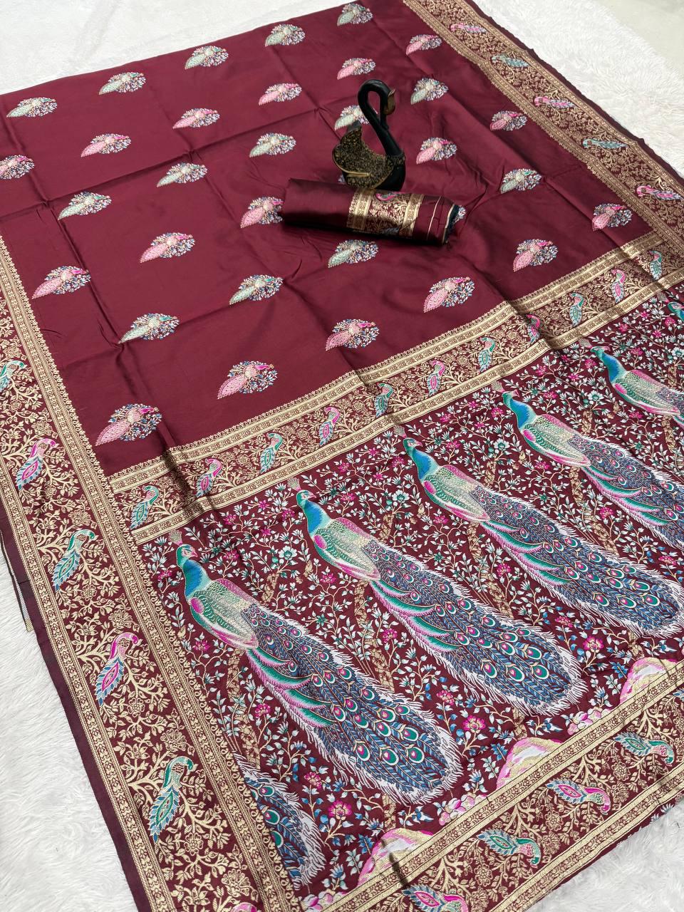 Evocative Maroon Soft Banarasi Silk Saree With Panache Blouse Piece