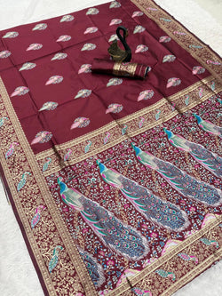 Evocative Maroon Soft Banarasi Silk Saree With Panache Blouse Piece