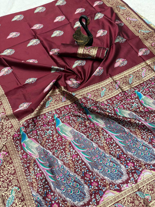 Evocative Maroon Soft Banarasi Silk Saree With Panache Blouse Piece