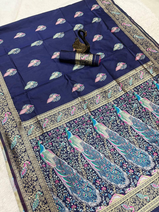 Fantabulous Navy Blue Soft Banarasi Silk Saree With Scrumptious Blouse Piece