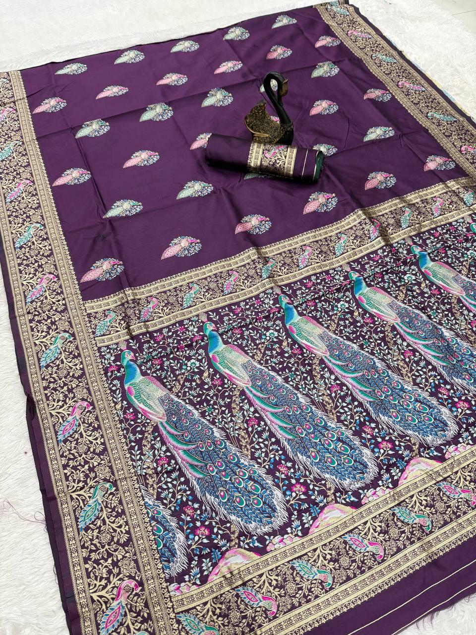 Excellent Purple Soft Banarasi Silk Saree With Luminous Blouse Piece