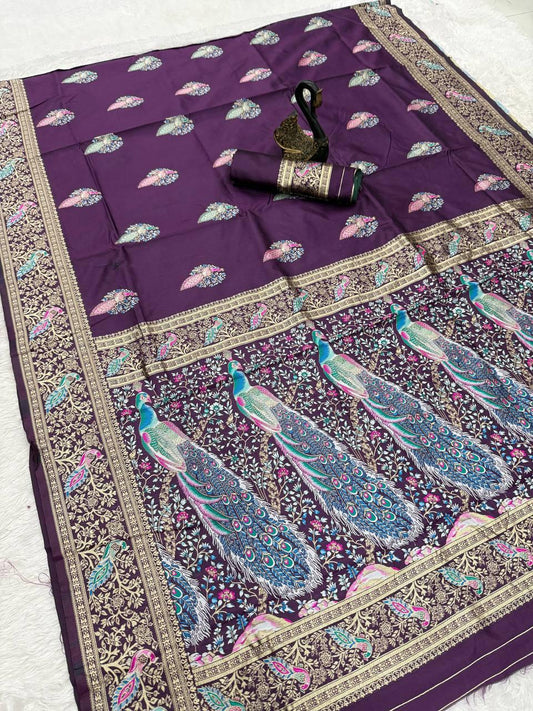 Excellent Purple Soft Banarasi Silk Saree With Luminous Blouse Piece