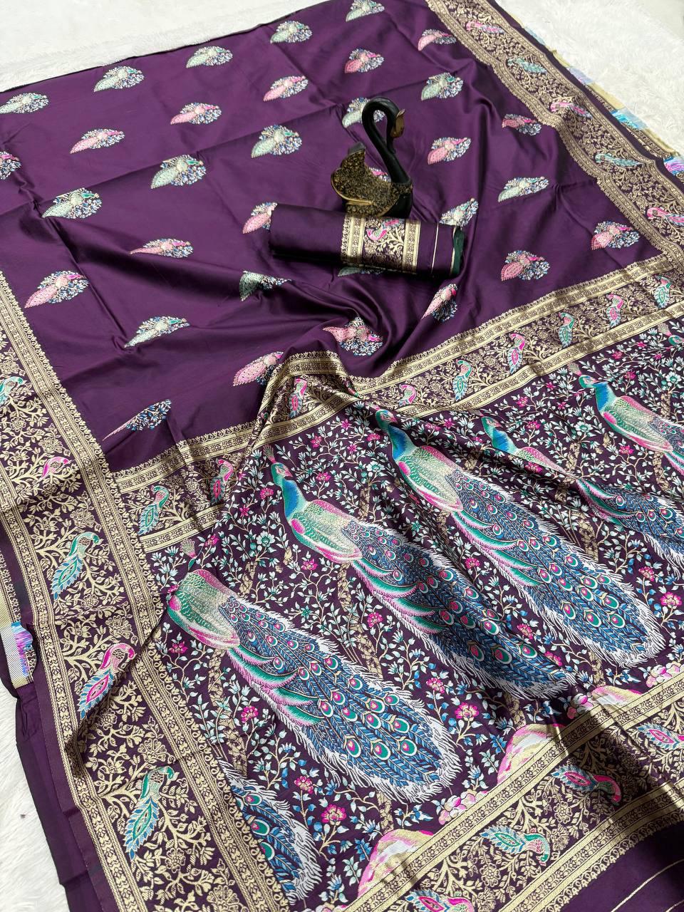 Excellent Purple Soft Banarasi Silk Saree With Luminous Blouse Piece