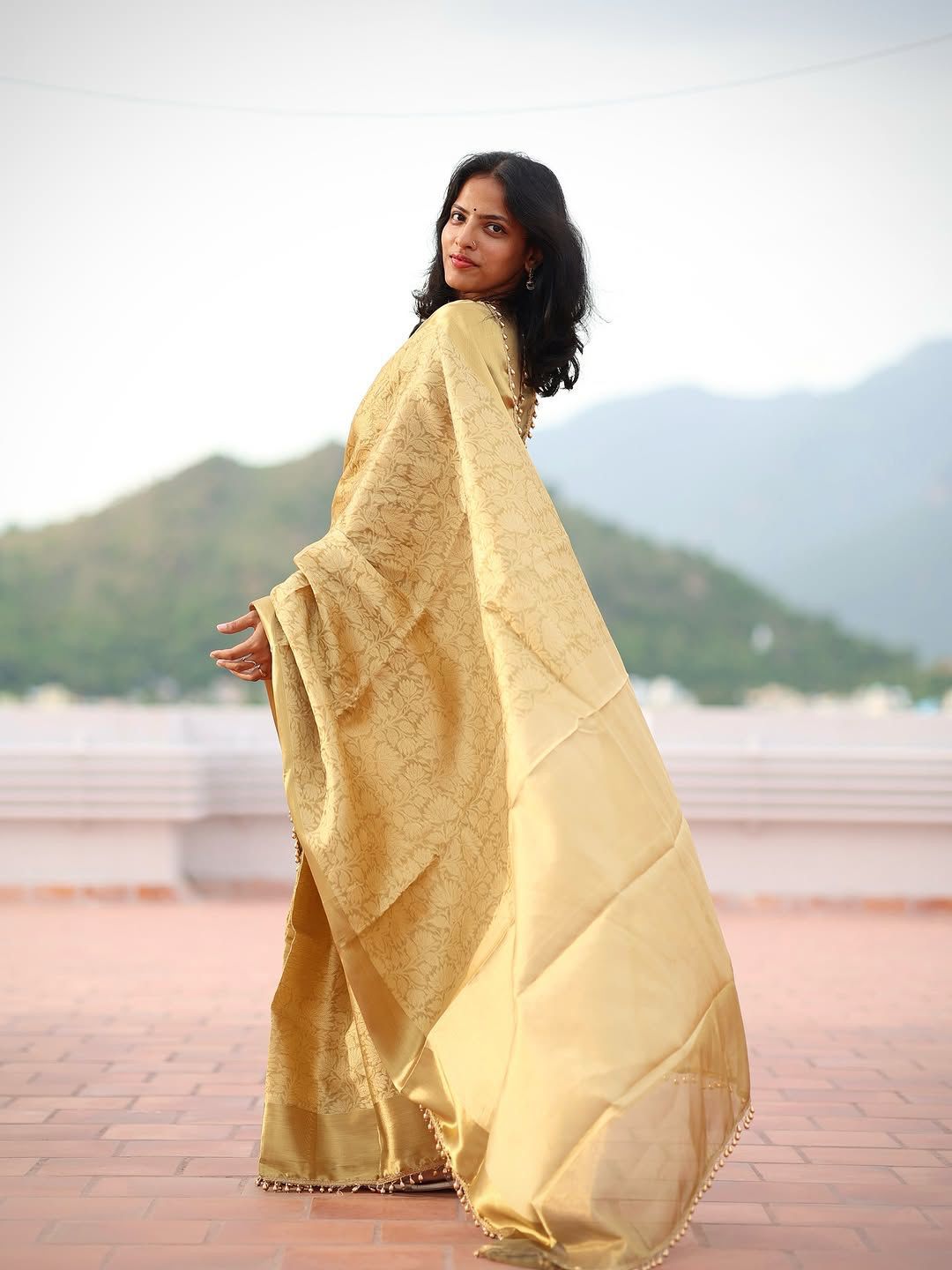 Twirling Golden Soft Tissue Silk Saree With Resonant Blouse Piece