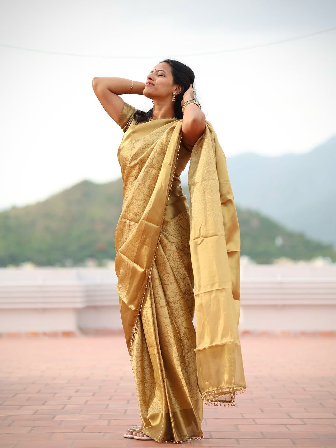 Twirling Golden Soft Tissue Silk Saree With Resonant Blouse Piece