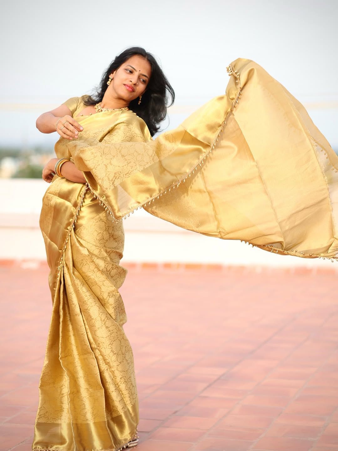 Twirling Golden Soft Tissue Silk Saree With Resonant Blouse Piece