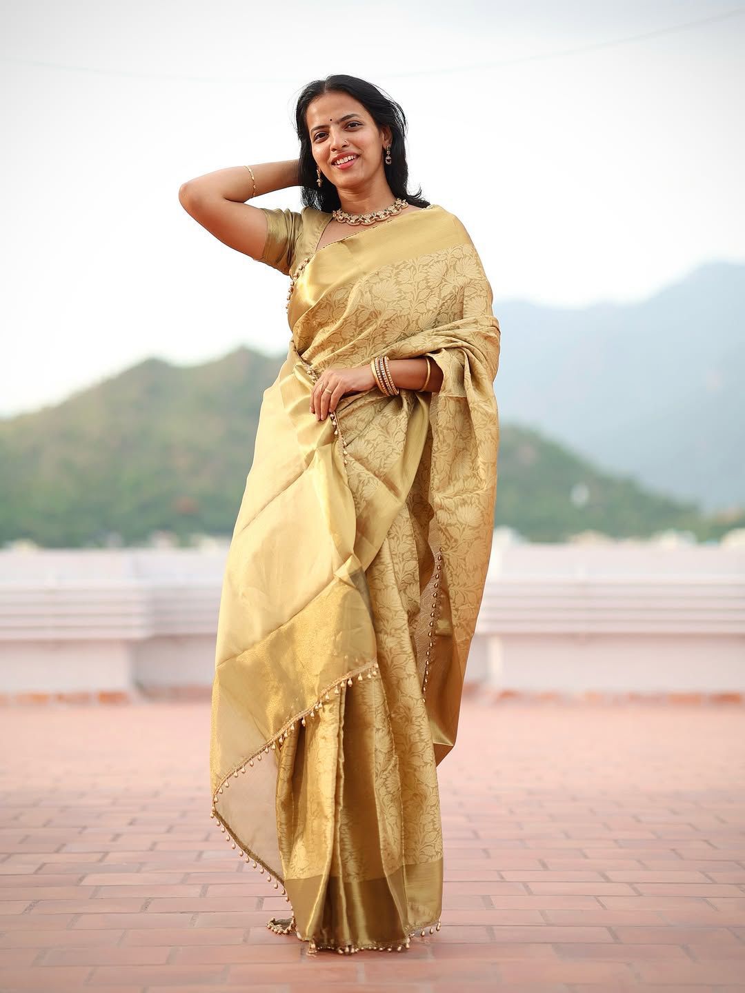 Twirling Golden Soft Tissue Silk Saree With Resonant Blouse Piece
