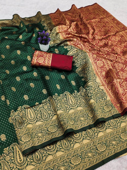 Prominent Dark Green Soft Silk Saree With Eye-catching Blouse Piece