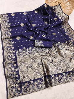 Ebullience Navy Blue Soft Silk Saree With Sempiternal Blouse Piece