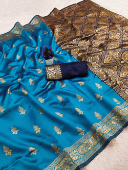 Snappy Firozi Soft Silk Saree With Adorable Blouse Piece