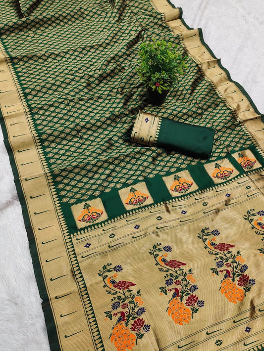 Most Flattering Dark Green Paithani Silk Saree With Ravishing Blouse Piece