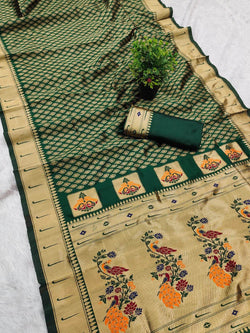 Most Flattering Dark Green Paithani Silk Saree With Ravishing Blouse Piece