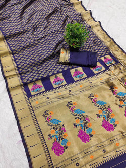 Unequalled Navy Blue Paithani Silk Saree With Jubilant Blouse Piece