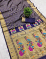 Unequalled Navy Blue Paithani Silk Saree With Jubilant Blouse Piece