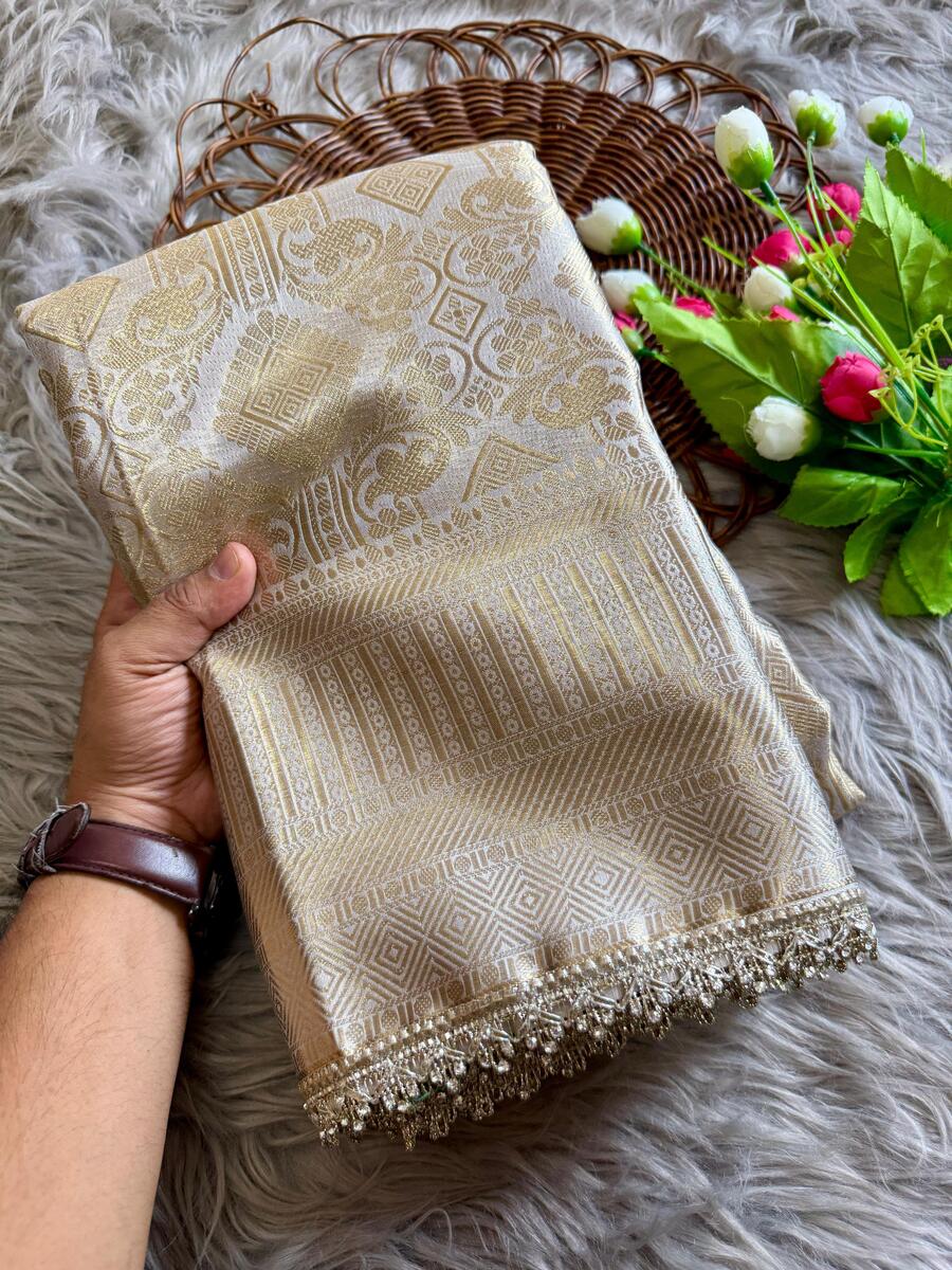 Classy Beige Soft Tissue Silk Saree With Mesmerising Blouse Piece