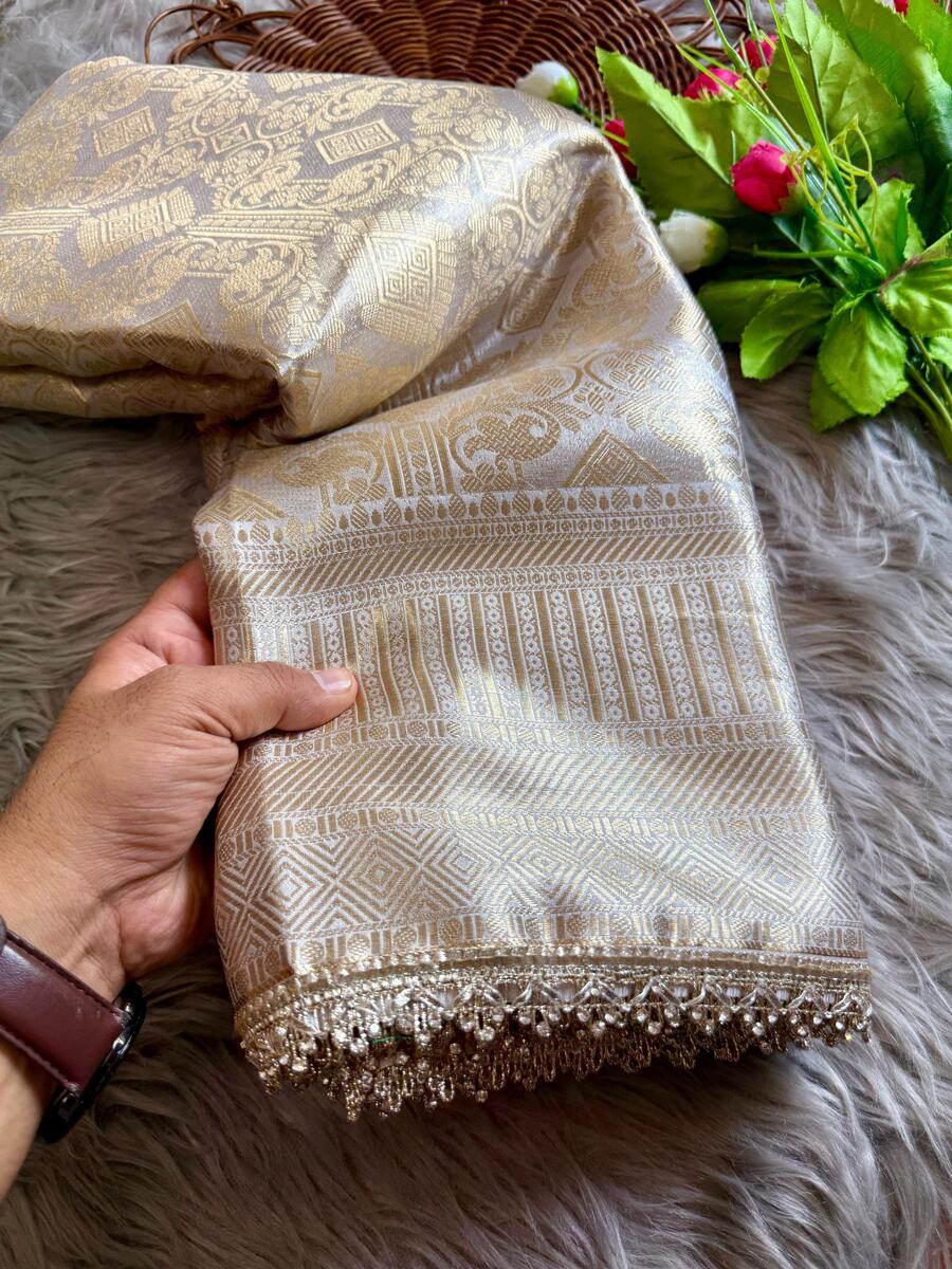 Classy Beige Soft Tissue Silk Saree With Mesmerising Blouse Piece