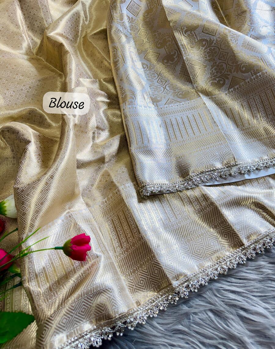 Classy Beige Soft Tissue Silk Saree With Mesmerising Blouse Piece