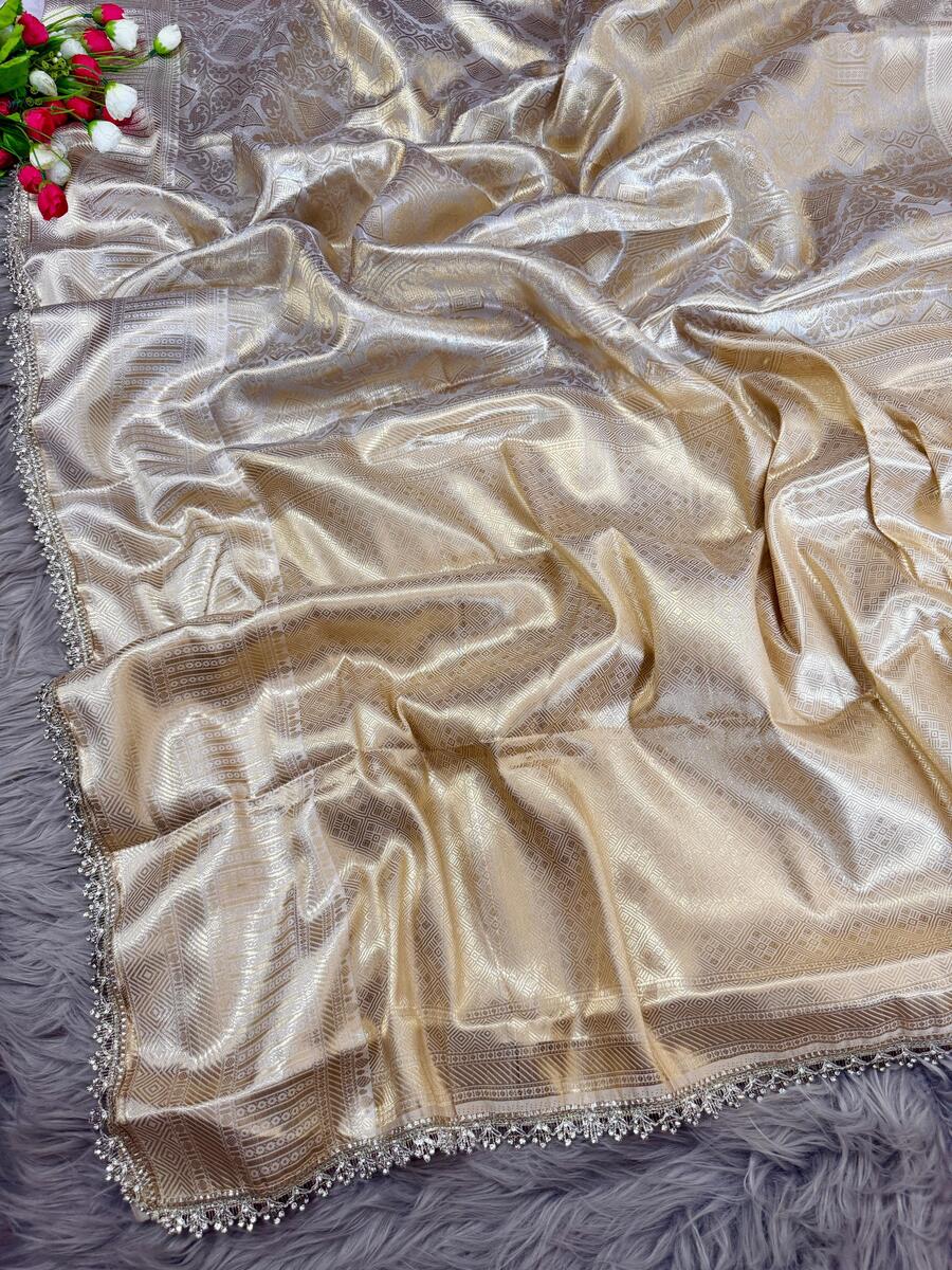 Classy Beige Soft Tissue Silk Saree With Mesmerising Blouse Piece