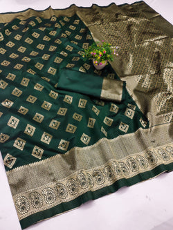 Embrocation Dark Green Soft Silk Saree With Divine Blouse Piece
